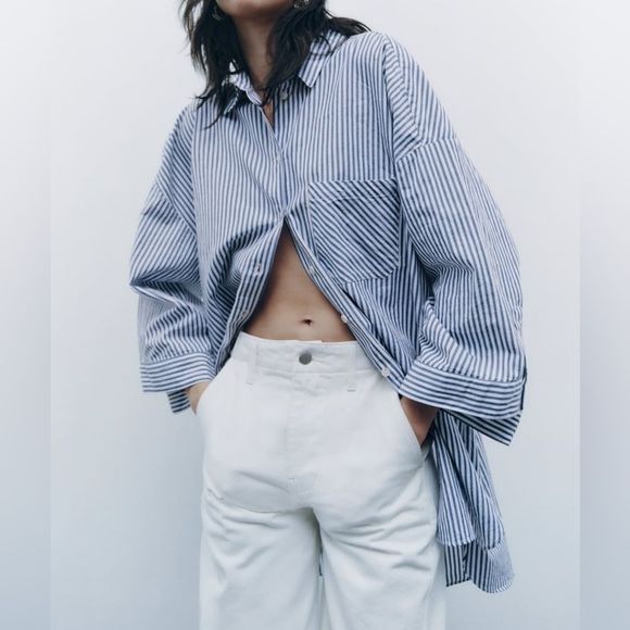 Zara Longline Striped Cotton Shirt New - Picture 11 of 12